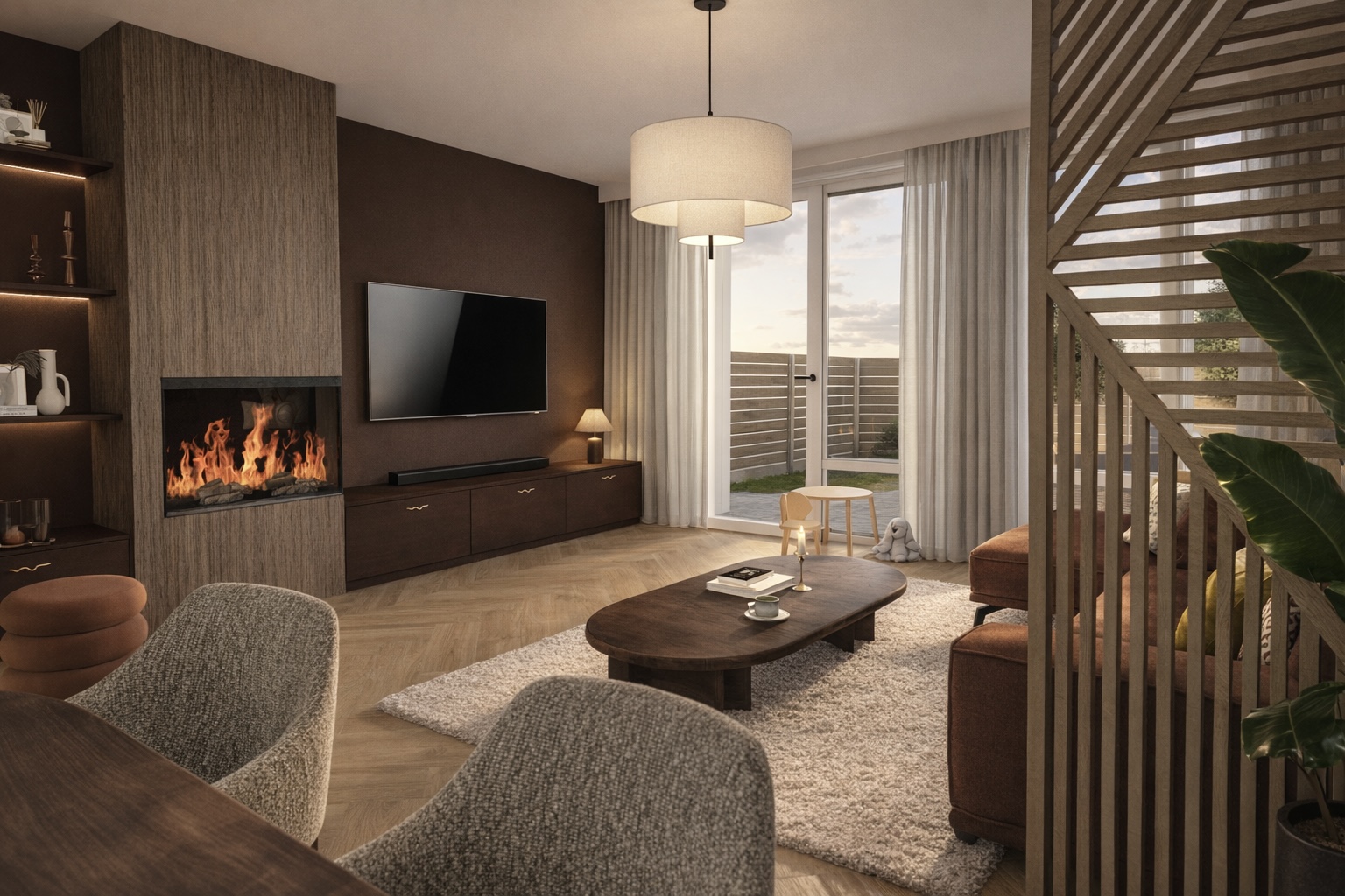 Render van het interieur van een nieuwbouwproject in Barneveld met een maatwerk tv-meubel in een warme roodtint