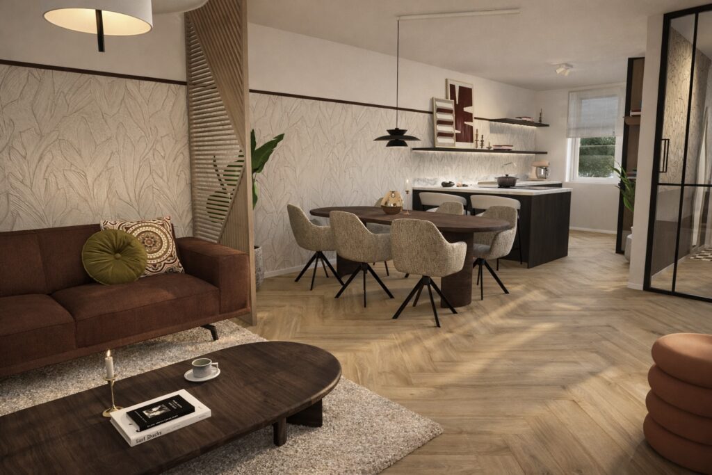 Render van het interieur van een nieuwbouwproject in Barneveld met een donkere keuken en een licht werkblad.