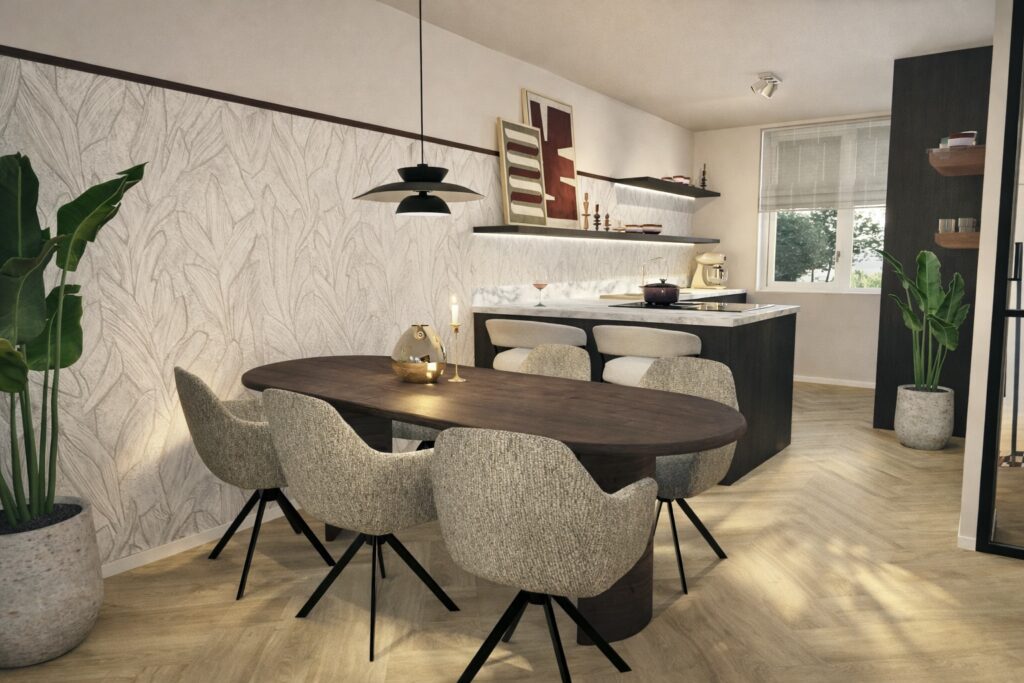 Render van het interieur van een nieuwbouwproject in Barneveld met een donkere keuken en een licht werkblad.
