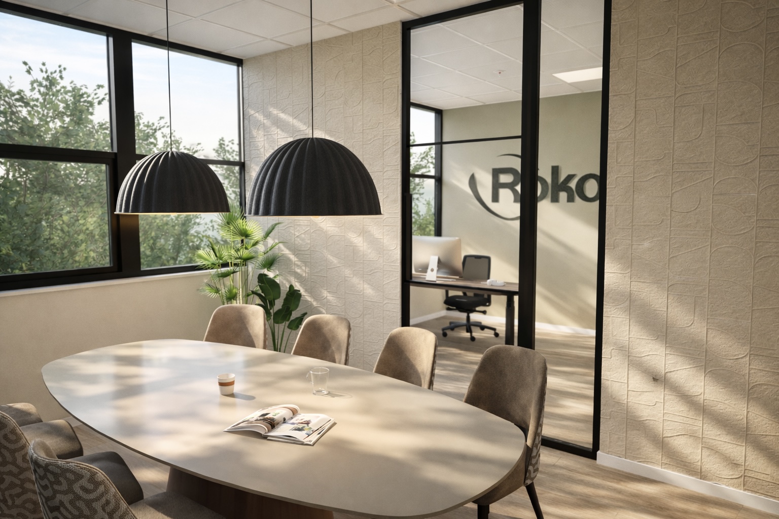 Interieurontwerp voor modern kantoor in Eindhoven met vergaderruimte in natuurlijke kleuren en materialen