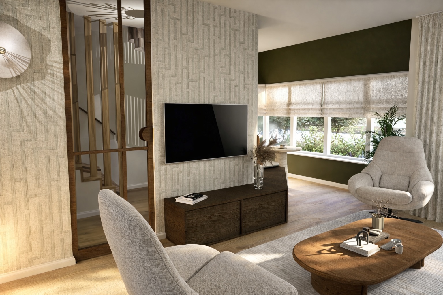 Sfeervol interieurontwerp van een woonkamer in een woning in Ten Boer, met warme tinten en groene accenten.