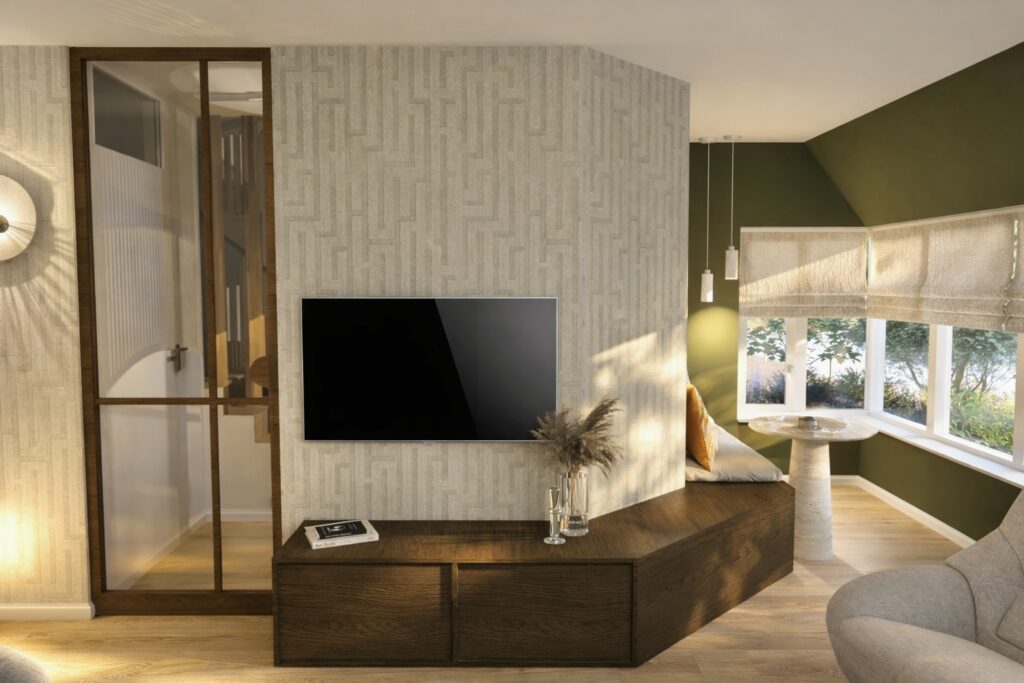 Sfeervol interieurontwerp van een woonkamer in een woning in Ten Boer, met warme tinten en groene accenten.