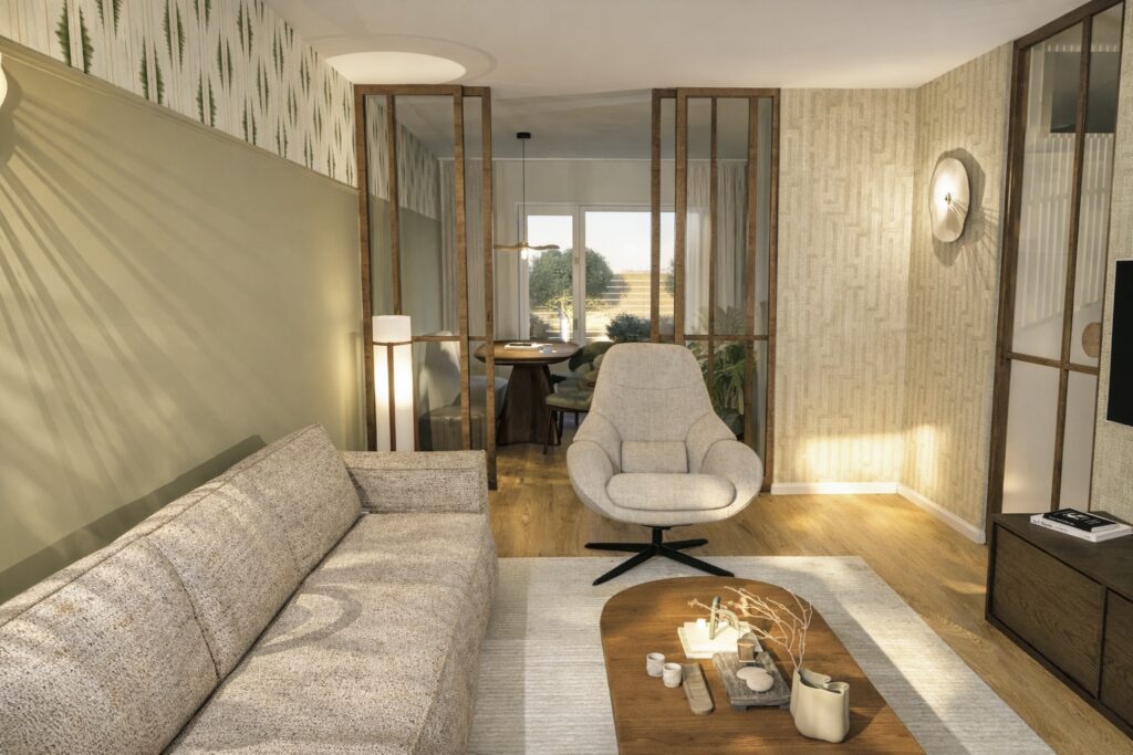 Sfeervol interieurontwerp van een woonkamer in een woning in Ten Boer, met warme tinten en groene accenten.