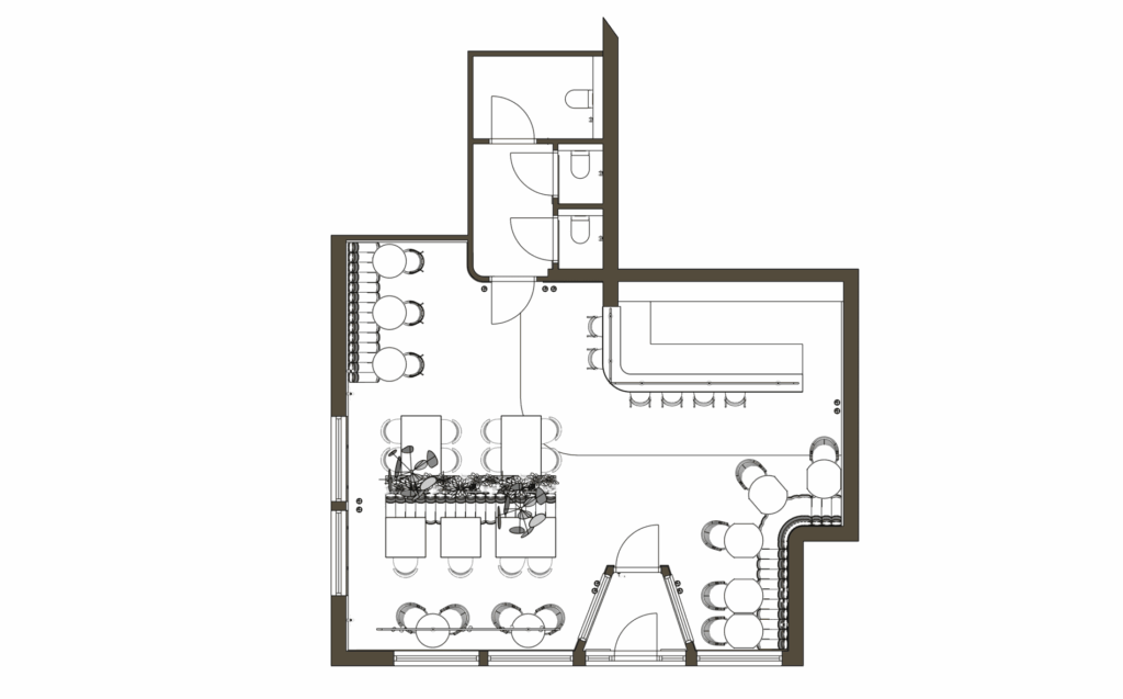 Plattegrond van een horecazaak met een bar, verschillende zitgedeeltes, tafels en stoelen, een centrale plantenbak, entree aan de voorzijde en sanitaire voorzieningen aan de achterzijde