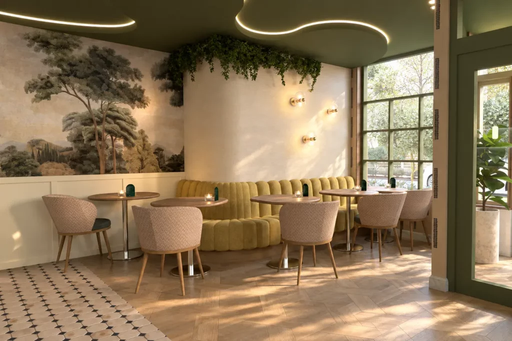 Sfeervol restaurantinterieur met een groene wand, grote ramen, ronde tafels, zachte stoelen en een opvallende gele zitbank.