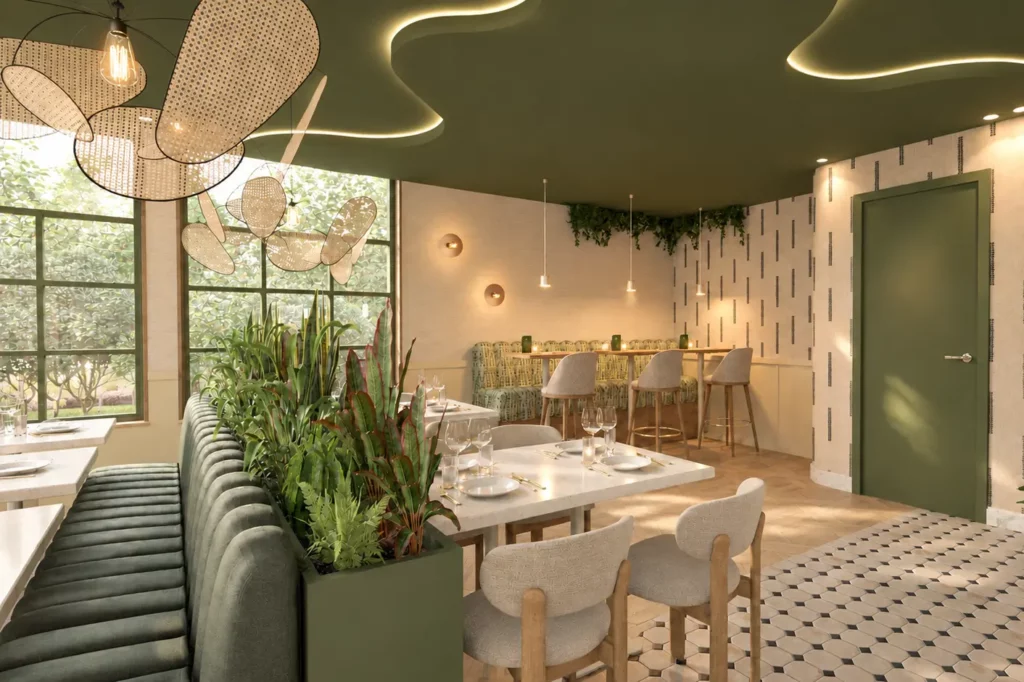 Sfeervol restaurantinterieur met groene planten, een lange zitbank, gedekte tafels, grote ramen en decoratieve verlichting, uitgevoerd in warme groen-, beige- en houttinten