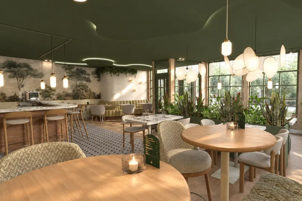 Sfeervol restaurantinterieur met ronde houten tafels, comfortabele stoelen, veel groene planten, grote ramen en opvallende organische hanglampen, in warme natuurlijke tinten