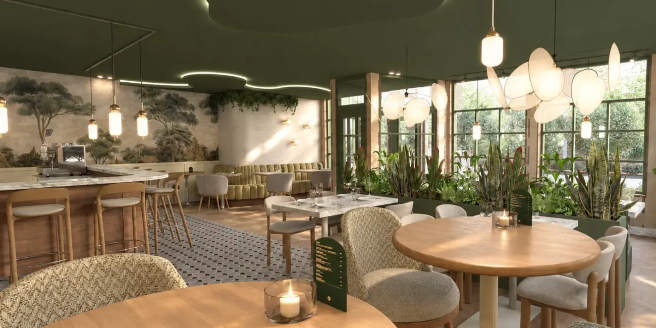Sfeervol restaurantinterieur met ronde houten tafels, comfortabele stoelen, veel groene planten, grote ramen en opvallende organische hanglampen, in warme natuurlijke tinten