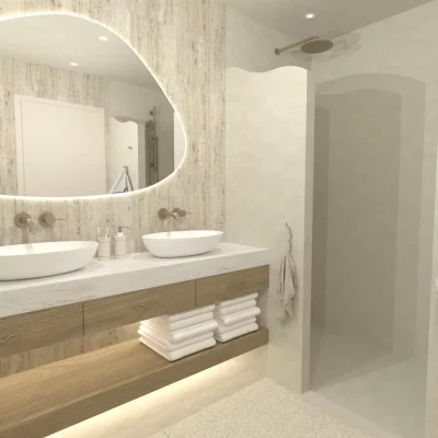 Interieurontwerp badkamer in Scandinavische stijl met beige tinten en licht eiken badkamermeubel in Barneveld